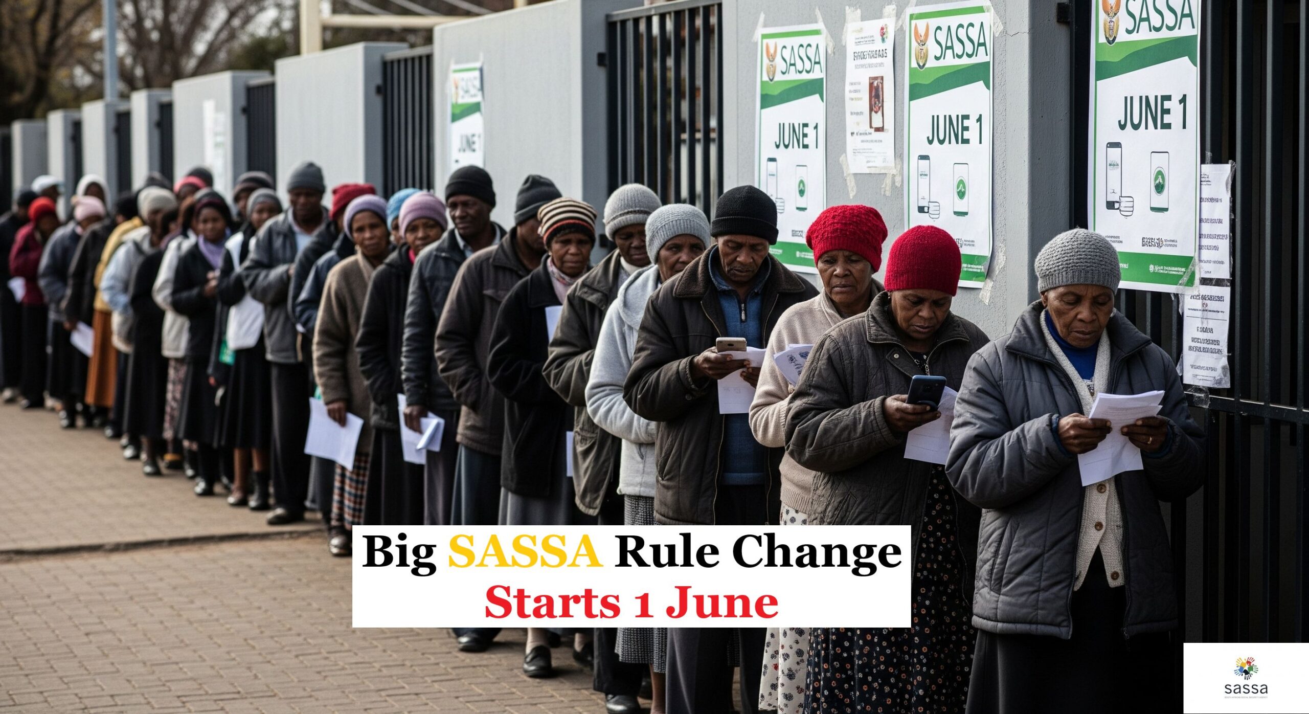 Elderly South African citizens standing in line at a local SASSA office holding their documents, with posters showing June 1 deadline, under winter skies. Some are using mobile phones