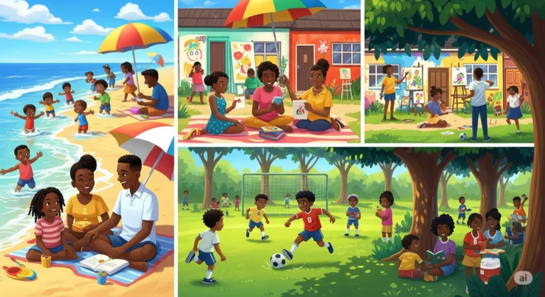 Happy illustration of South African students and their families enjoying a summer vacation — at the beach, at home, and doing fun outdoor activities like soccer, painting, and reading under trees.